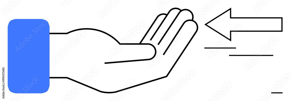 Obraz premium Communication, interaction, guidance, sharing, direction, invitation. Vector graphic of an open hand and an arrow pointing left. Communication and interaction concept