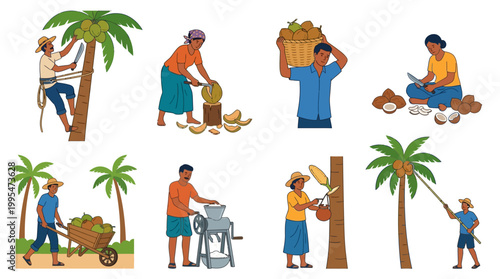 Dedicated farmers and laborers actively harvesting, processing, and transporting fresh coconuts using traditional methods and manual tools in a collection