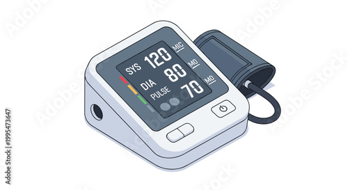 Digital blood pressure monitor with a clear screen displaying systolic, diastolic, and pulse readings, on a white background