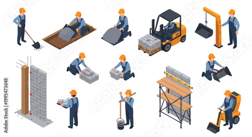 Construction workers isometric set. Building process flat design. Labor tasks collection.