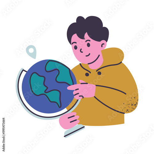 Young boy character examining globe, flat cartoon child learning geography. School subject and education hobby, kids world exploration vector illustration, isolated colored scene on white background