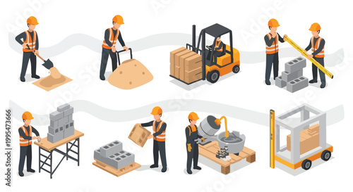 Construction Workers Building Process. Flat Design Vector Illustration. Building Site Activities. Industrial Development.