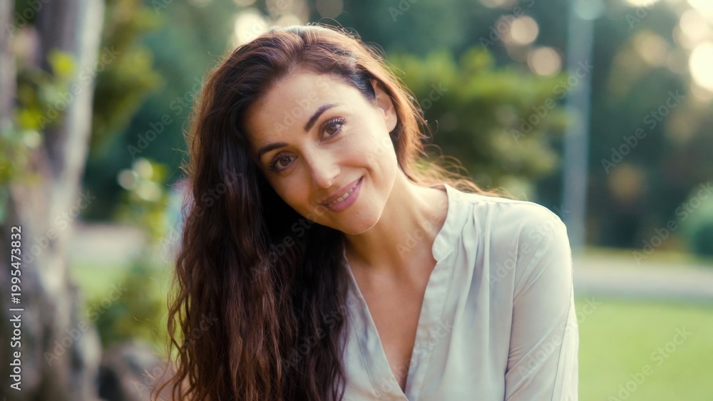 Obraz premium Woman smiling with long hair in green park setting