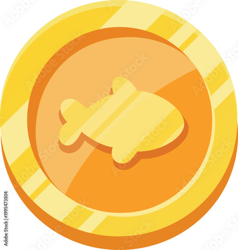 Flat vector coin icon in golden hues featuring a clean, stylized fish symbol-perfect for fishing games, seafood apps, eco-rewards, or aquatic-themed UI elements