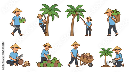 A set of flat cartoon coconut farmers harvesting, collecting, processing, and tending to palm trees in various daily activities