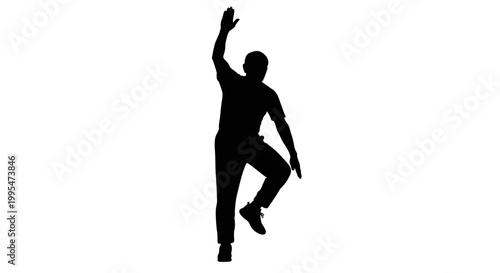 Silhouette of elderly man performing a dynamic workout in the park, captured mid-motion with one arm raised, set against a simple white background