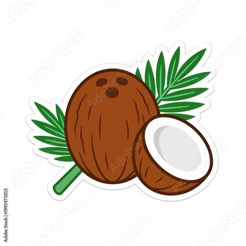 A whole brown hairy coconut with a cracked half displaying fresh white flesh and green palm leaves sticker illustration