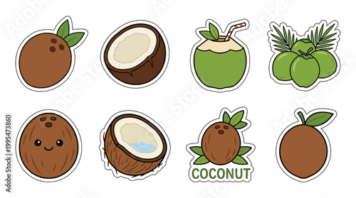 A set of colorful cartoon coconut stickers featuring whole fruits, halves, and cute faces for creative food design projects