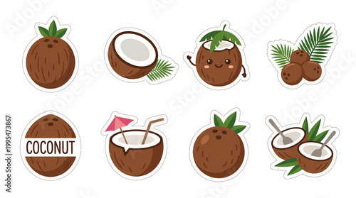 Collection of cute coconut illustrations featuring halved fruit whole nuts tropical leaves and refreshing drinks for various creative sticker projects