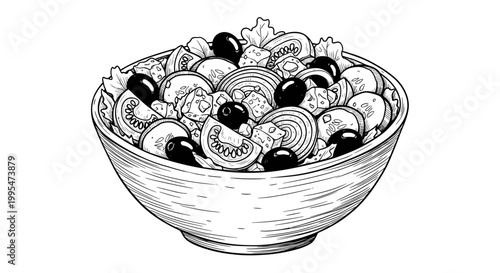 Intricate black and white illustration of a Greek salad featuring olives, tomatoes, cucumbers, and onions in a detailed wooden bowl design