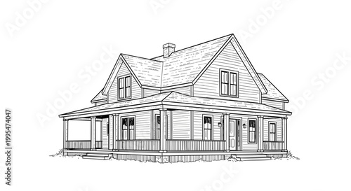 Detailed black and white illustration of a classic farm house with a wraparound porch, showcasing architectural design on a white background