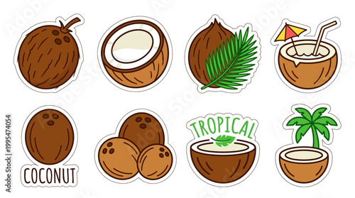Cute collection of hand drawn coconut stickers featuring whole fruits, cracked halves, refreshing drinks and green palm tree leaf illustrations.