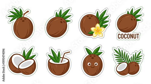 Collection of diverse coconut stickers featuring whole fruits, cut halves, tropical leaves, cute cartoon faces, and a refreshing drink option.