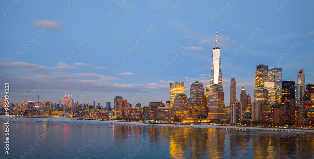 Fototapeta premium NYC skyline night cityscape. NYC night view. New York City skyline at night. NYC Manhattan night panorama.