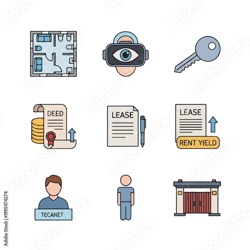 Real Estate Icons Representing Property Transactions and Technology.