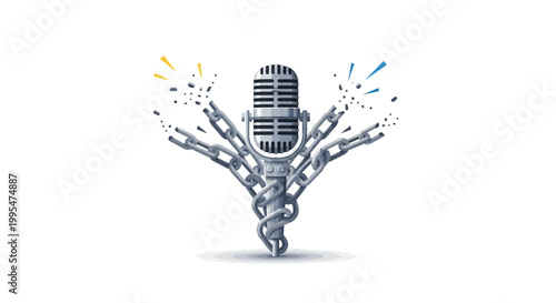 A symbolic illustration for World Press Freedom Day showing a vintage microphone with broken chains representing journalism freedom against a clean white background, conveying a sense