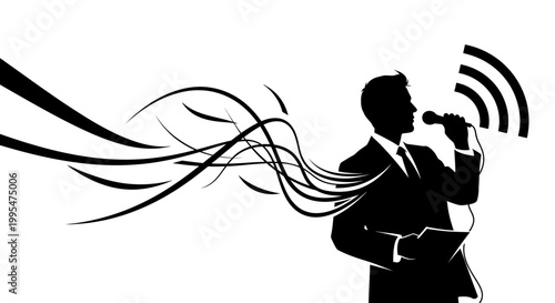 An illustration depicting a silhouetted figure speaking into a microphone, symbolizing World Press Freedom Day and journalism freedom, with sound waves emanating against a clean white