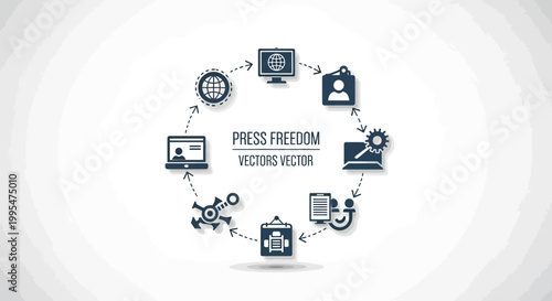 A symbolic World Press Freedom Day illustration emphasizing journalism freedom, displayed in a circular composition of interconnected media icons against a clean white backdrop