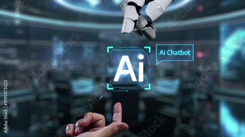 This captivating video showcases a robotic hand reaching for a digital element that symbolizes AI and chatbot technology in a sleek modern office setting, emphasizing innovation. Auvana