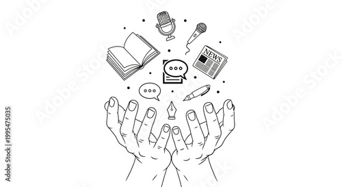 A symbolic line drawing celebrates World Press Freedom Day, featuring hands lifting journalism freedom elements like a book, microphone, and newspaper against a clean white background