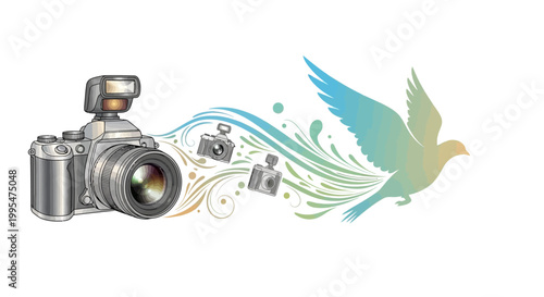 Celebrating World Press Freedom Day with an illustration showing a camera transforming into a dove, symbolizing journalism freedom and the concept of press freedom, set against a clean