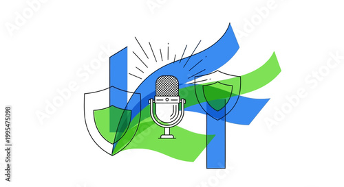A stylized World Press Freedom Day illustration highlights journalism freedom, showcasing a microphone protected by shields and flowing ribbons in blue and green against a clean white