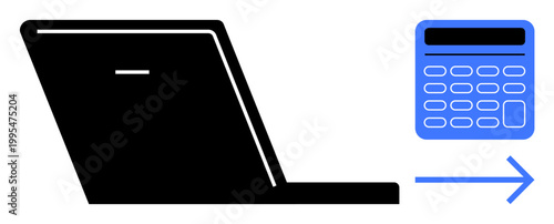 Finance, automation, data processing, technology, accounting, business analysis. A laptop and a calculator connected through an arrow. Finance and automation application concept