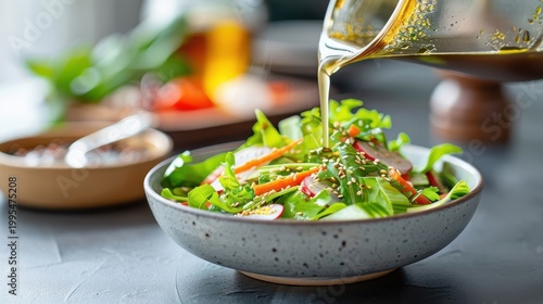 Ponzu sauce mixed into a salad dressing, capturing the blend of ingredients and vibrant presentation.