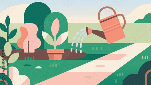 Illustration Of Watering Plants In Garden Vector Design Template