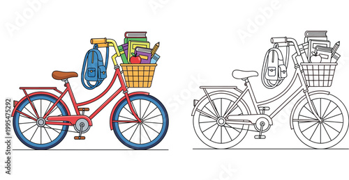 Red Bicycle with Backpack and School Supplies Basket Illustration and Line Art Coloring Page for Kids Back to School Education Vector