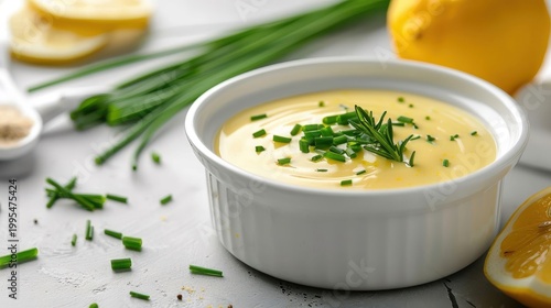 Bowl of hollandaise sauce with a creamy texture, garnished with chives and lemon on a clean white background.