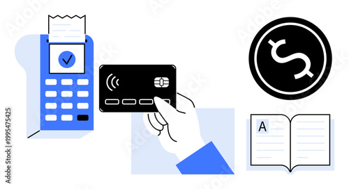 Contactless payments, digital wallets, e-commerce, financial literacy, money management, transaction systems. Hand using card on terminal, money and open book symbols. Contactless payments
