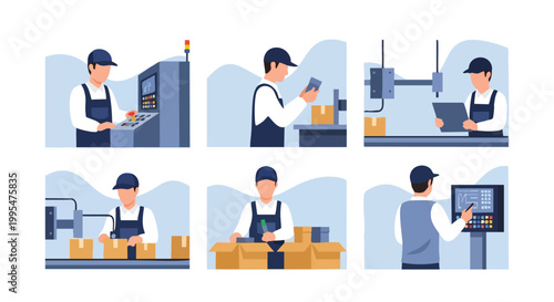 Industrial Workers. Manufacturing Process. Flat Vector Set. Production Line Concepts.