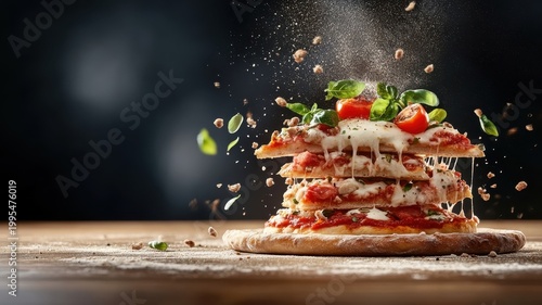 Conceptual representation of a deep-dish pizza being assembled, with layers of cheese, tomato sauce, and toppings in an artistic manner.
