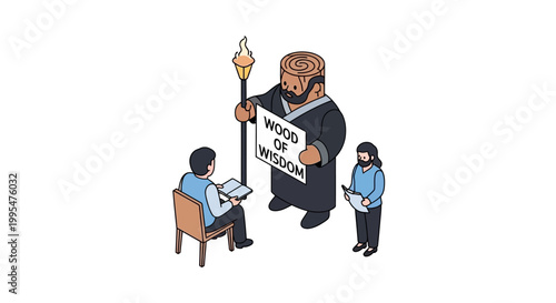 Illustration of a wooden figure teaching students about wisdom and knowledge.