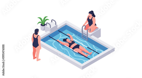 Isometric illustration of a woman swimming in a pool with friends.