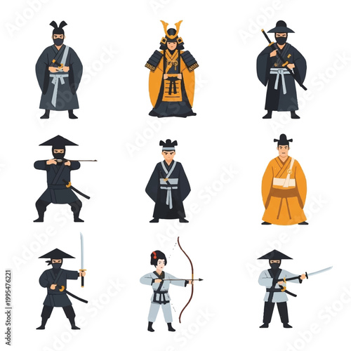Samurai Warriors in Traditional Costumes.