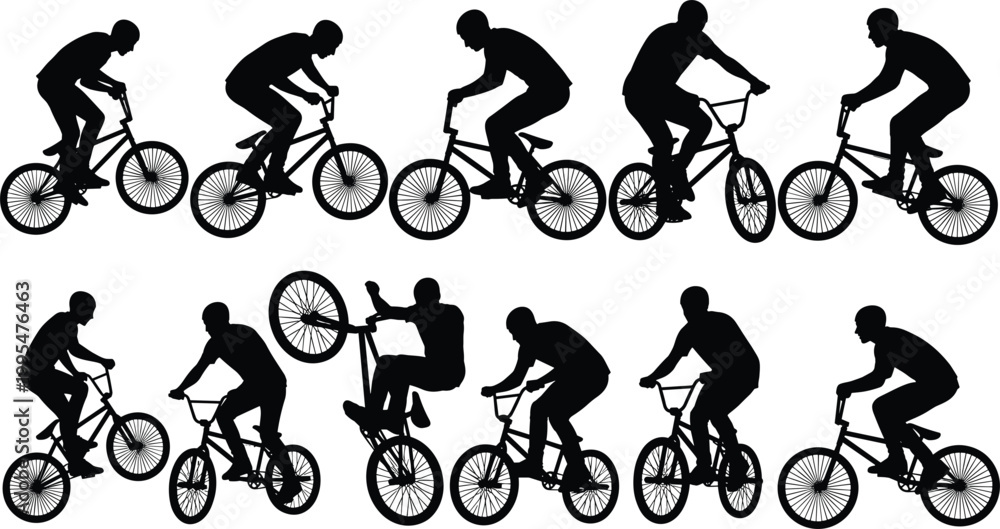 Fototapeta premium Black Silhouette Collection of Male BMX Bicycle Riders Performing Stunts and Tricks in Various Dynamic Poses