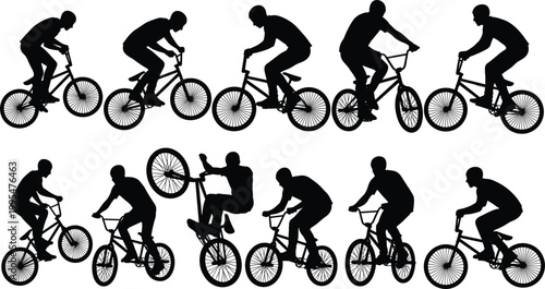 Black Silhouette Collection of Male BMX Bicycle Riders Performing Stunts and Tricks in Various Dynamic Poses