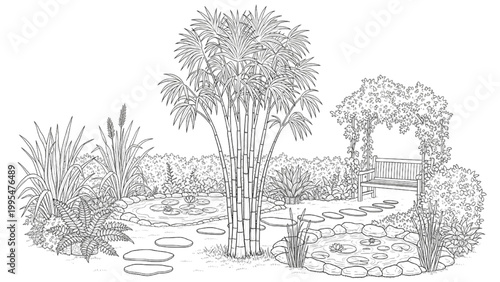 Black Line Art Cane Tree Outdoor Design Illustration with Natural Garden Landscape Concept