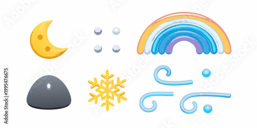 Colorful weather icons including a moon rainbow clouds and snowflake