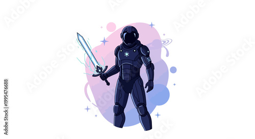 A Star Wars Day parody style illustration shows a space character in a futuristic suit holding a glowing sword against an abstract galaxy backdrop with soft pastel colors in a sci-fi themed