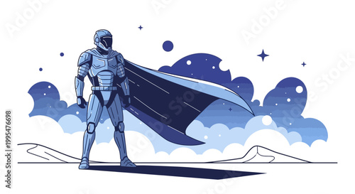 On Star Wars Day, a sci-fi character parody illustration showcases a futuristic space hero with a flowing cape standing confidently against a stylized galaxy and cloudscape in a cinematic