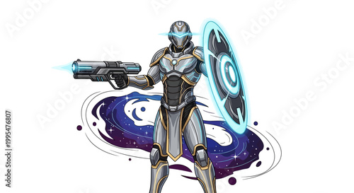 In a Star Wars Day parody, a sci-fi space character illustration shows a space trooper in a galaxy-themed parody, wielding a laser gun and energy shield against a clean white background
