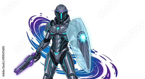A sci-fi armored character illustration in a galaxy theme, designed in a parody style reminiscent of Star Wars Day, stands ready with a space shield and weapon against a swirling cosmic