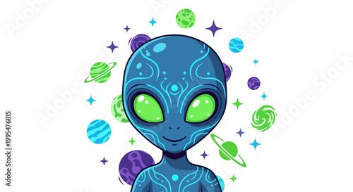 A sci-fi alien parody character celebrates Star Wars Day in a playful space illustration, surrounded by colorful planets against a clean white background, presented in a cartoon galaxy
