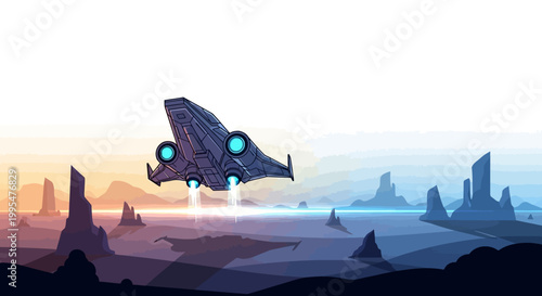 A Star Wars Day sci fi illustration shows a spaceship soaring above a galaxy landscape in a space theme parody style, rendered with vector graphics and a color gradient sky