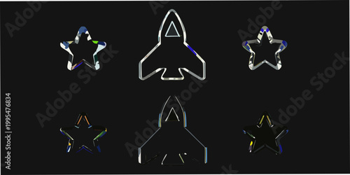 Chrome rocket ship and star icons with iridescent reflections on black