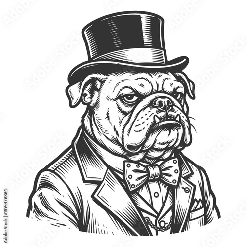 bulldog dressed as a Victorian gentleman wearing a top hat and bow tie with a stern expression sketch engraving generative ai vector illustration. Scratch board imitation. Black and white image.
