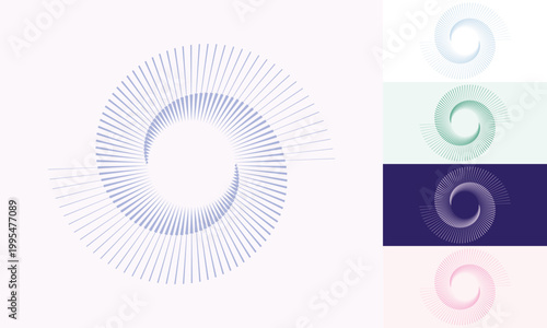 Circular radial spiral with variable rays forming rotation effect around open center in blue, emerald, purple and pink color variants. Minimalist vector icon for sound, data visualization and design.